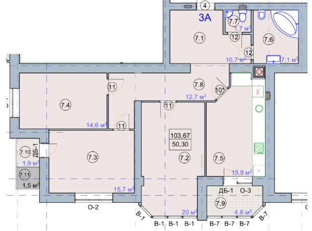 ЖК по ул. Первомайская: планировка 3-комнатной квартиры 109.84 м²