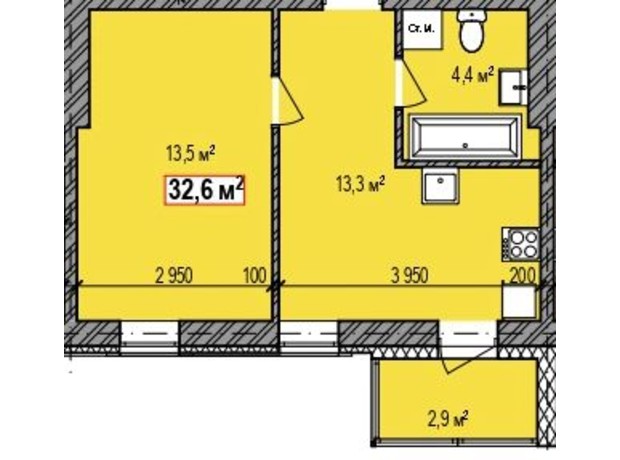 ЖК Dresden: планування 1-кімнатної квартири 32.6 м²