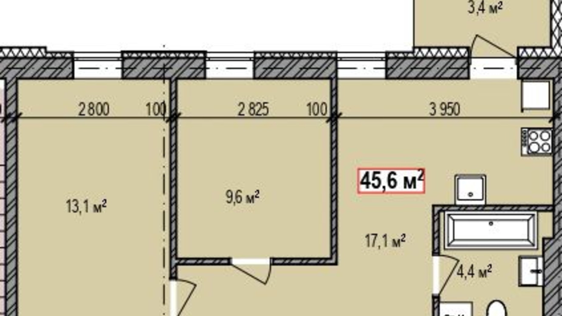 Планування 2-кімнатної квартири в ЖК Dresden 45.6 м², фото 150271