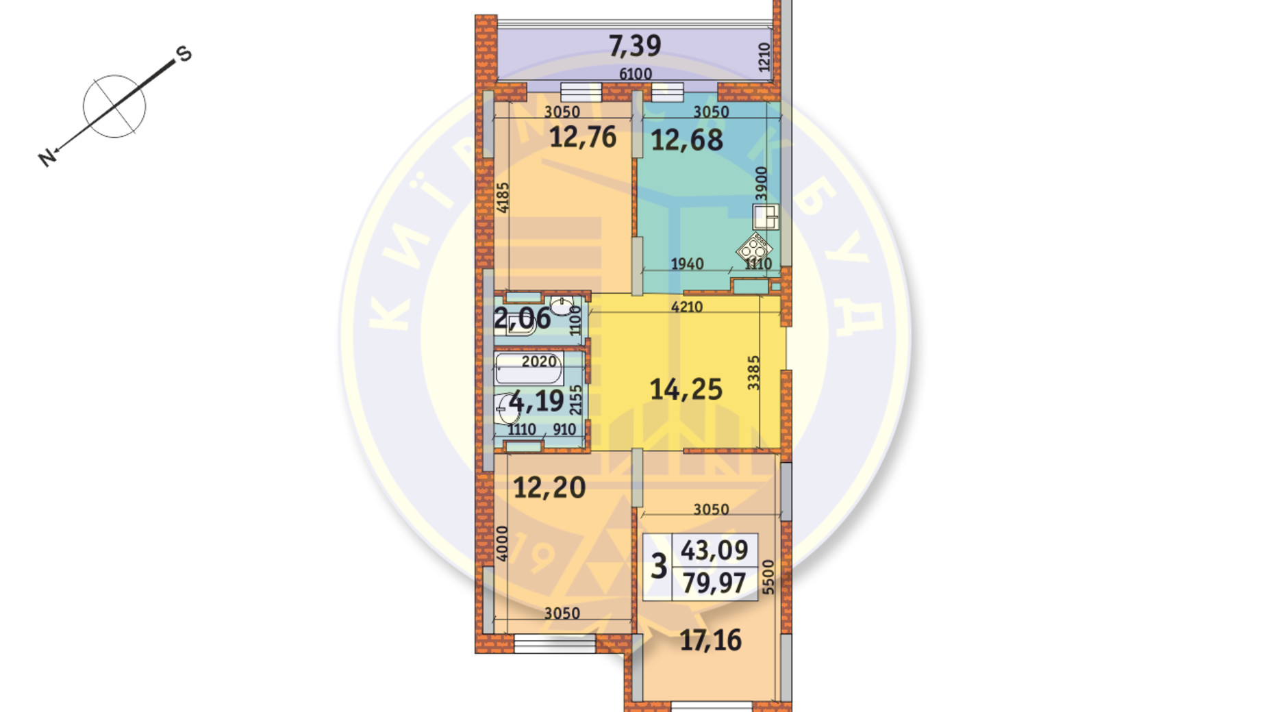 Планировка 3-комнатной квартиры в ЖК Медовый 79.97 м², фото 151077