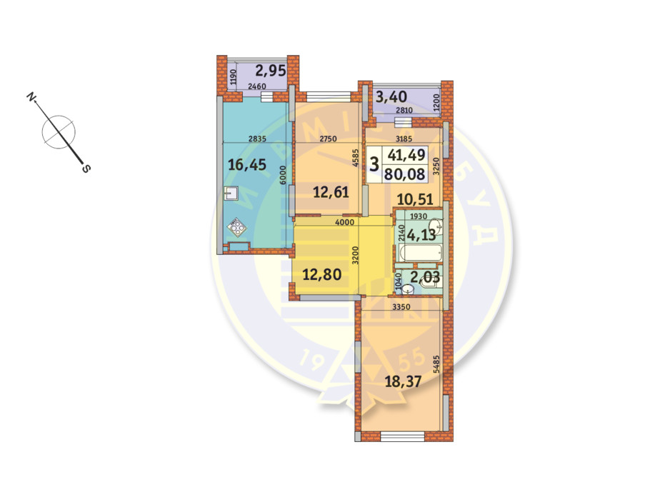 Планування 3-кімнатної квартири в ЖК «Медовий» 80.08 м², фото 151097 Планування 3-кімнатної квартири в ЖК «Медовий» 80.08 м², фото 151097