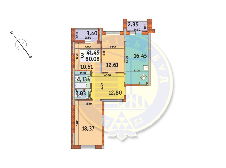 Планування 3-кімнатної квартири в ЖК «Медовий» 80.08 м², фото 151098 Планування 3-кімнатної квартири в ЖК «Медовий» 80.08 м², фото 151098