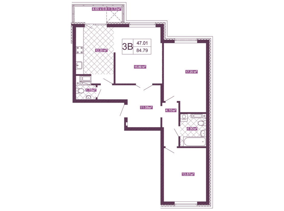 Планировка 3-комнатной квартиры в ЖК Голосеевский 84.79 м², фото 152257 Планировка 3-комнатной квартиры в ЖК Голосеевский 84.79 м², фото 152257