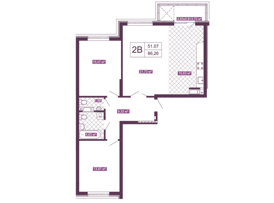Планировка 2-комнатной квартиры в ЖК Голосеевский 86.26 м², фото 152258 Планировка 2-комнатной квартиры в ЖК Голосеевский 86.26 м², фото 152258