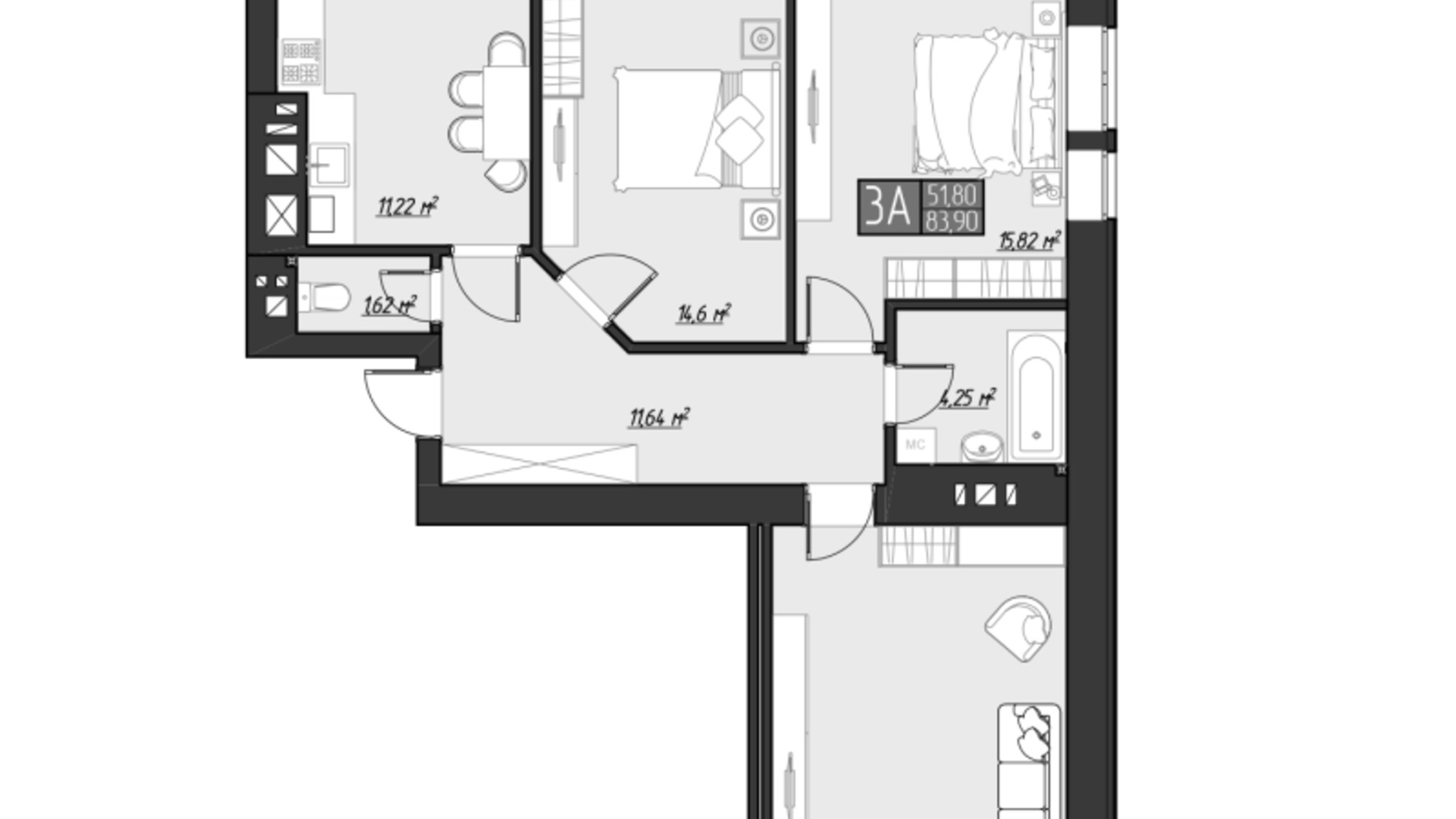 Планировка 3-комнатной квартиры в ЖК Bridge Town 83.9 м², фото 153527