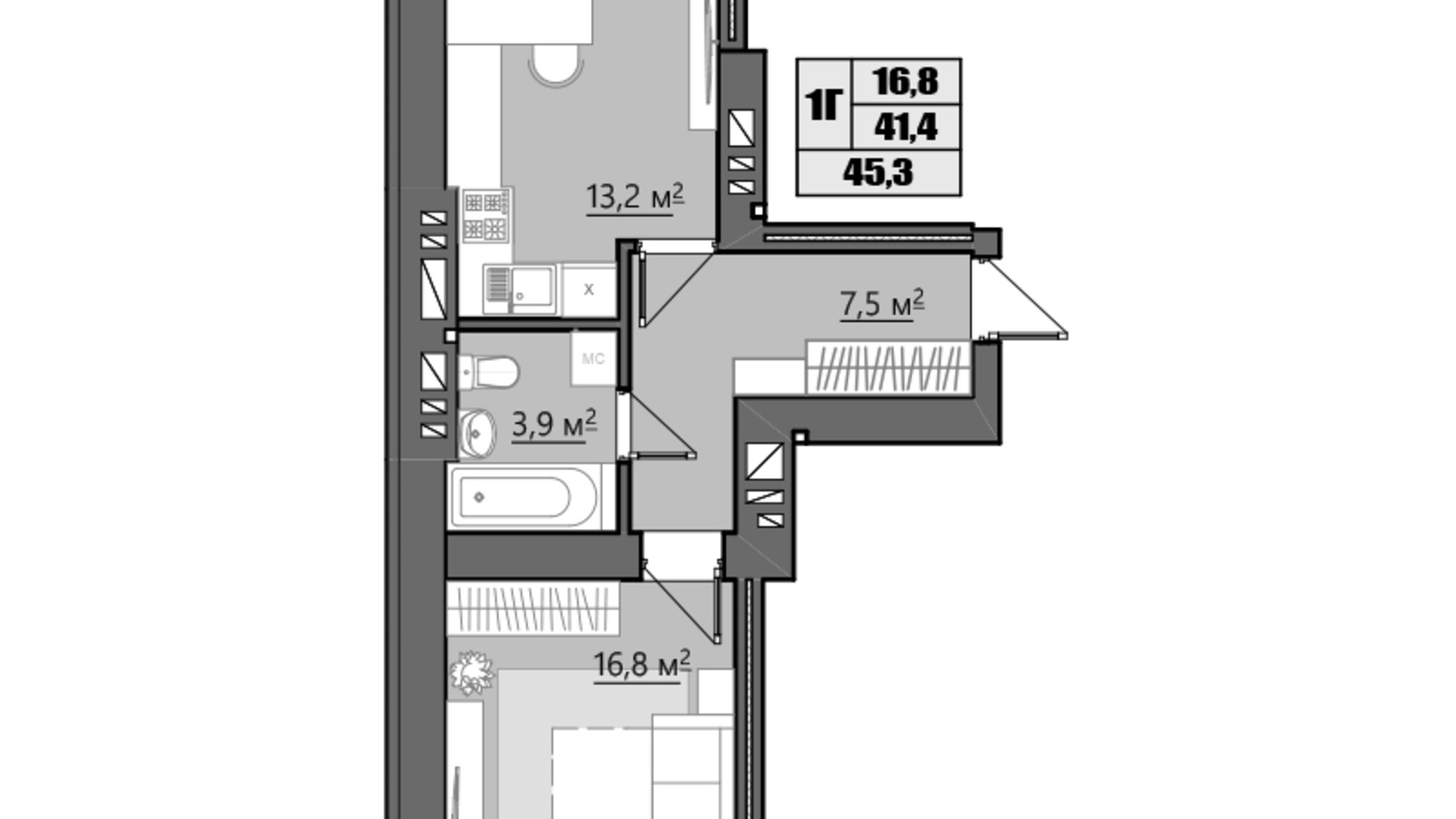 Планировка 1-комнатной квартиры в ЖК Семейный 45.3 м², фото 153549