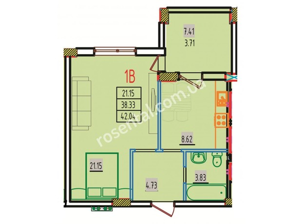 ЖК Розенталь: планування 1-кімнатної квартири 42.92 м²