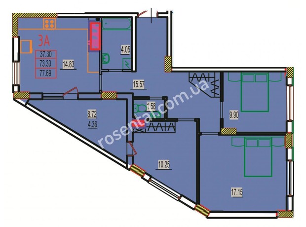 ЖК Розенталь: планировка 3-комнатной квартиры 77.69 м²
