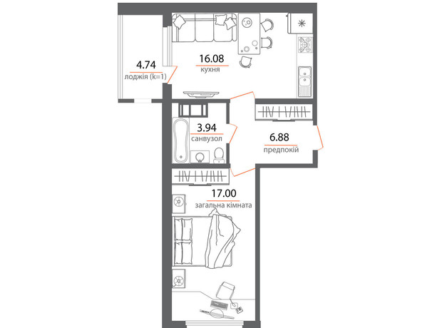 ЖК Welcome Home на Стеценко: планировка 1-комнатной квартиры 48.64 м²