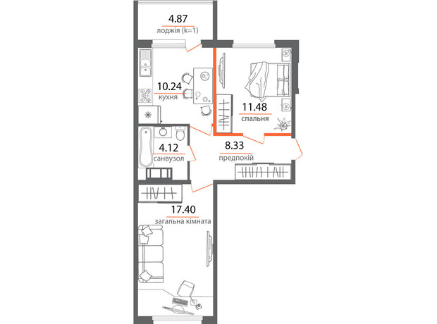 ЖК Welcome Home на Стеценко: планировка 2-комнатной квартиры 56.44 м²