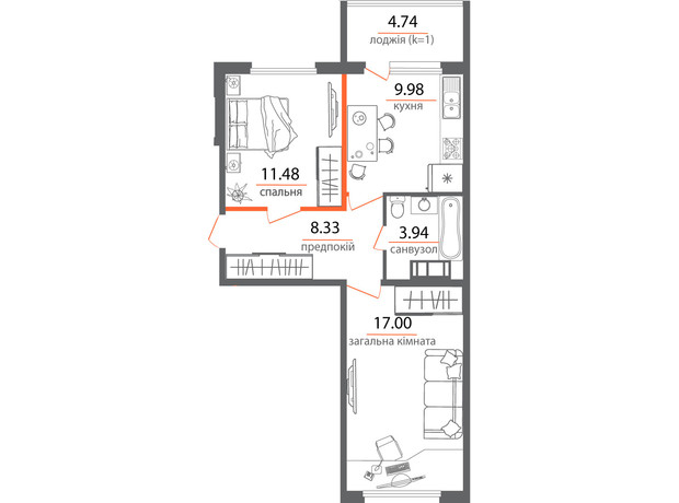 ЖК Welcome Home на Стеценка: планування 2-кімнатної квартири 56.44 м²