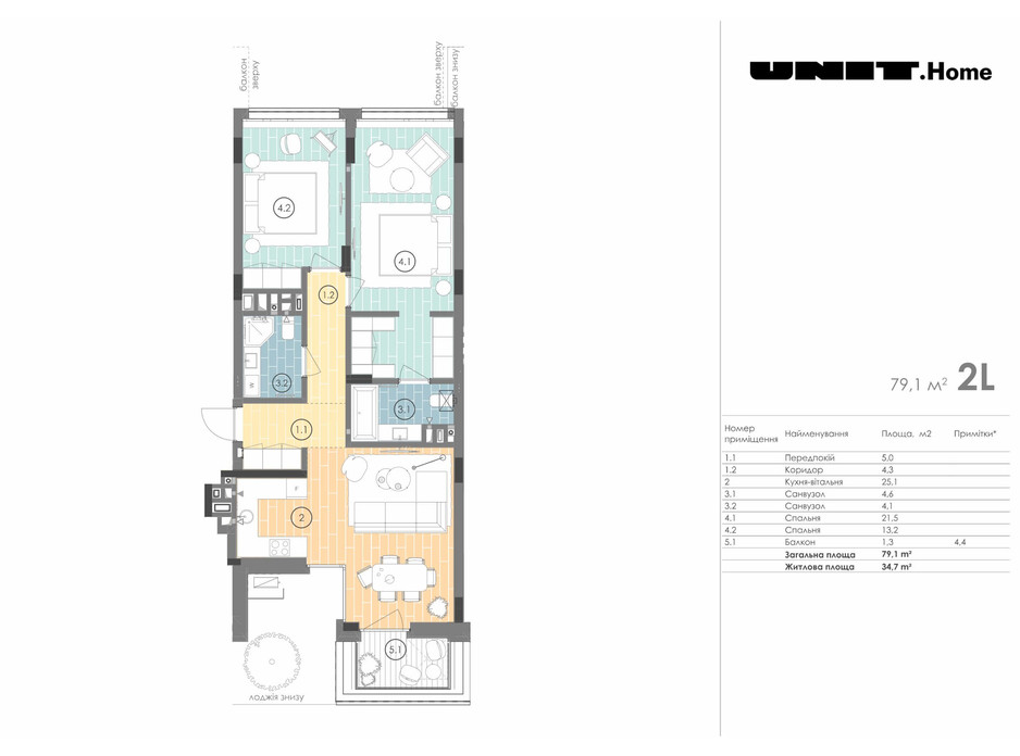 Планировка 2-комнатной квартиры в ЖК Unit.Home 79.1 м², фото 155119 Планировка 2-комнатной квартиры в ЖК Unit.Home 79.1 м², фото 155119