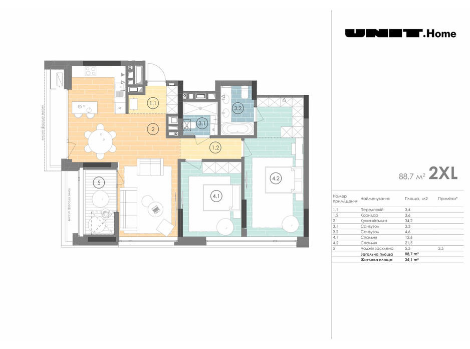 Планування 2-кімнатної квартири в ЖК Unit.Home 88.7 м², фото 155123 Планування 2-кімнатної квартири в ЖК Unit.Home 88.7 м², фото 155123