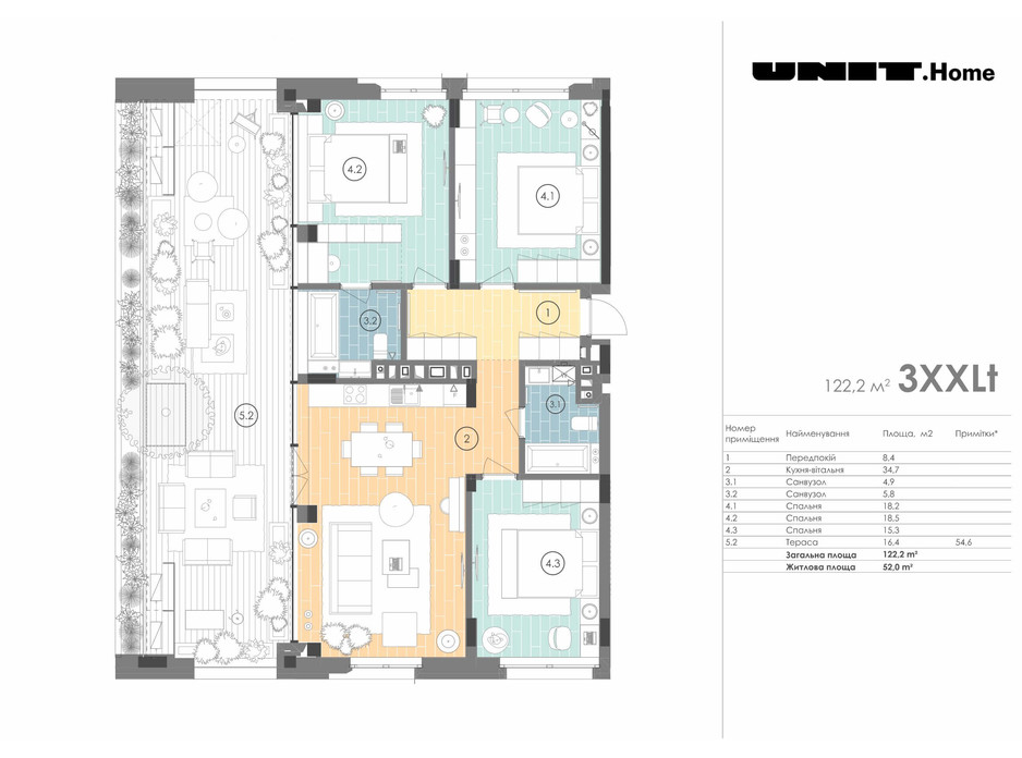 Планировка 3-комнатной квартиры в ЖК Unit.Home 122.2 м², фото 155129 Планировка 3-комнатной квартиры в ЖК Unit.Home 122.2 м², фото 155129