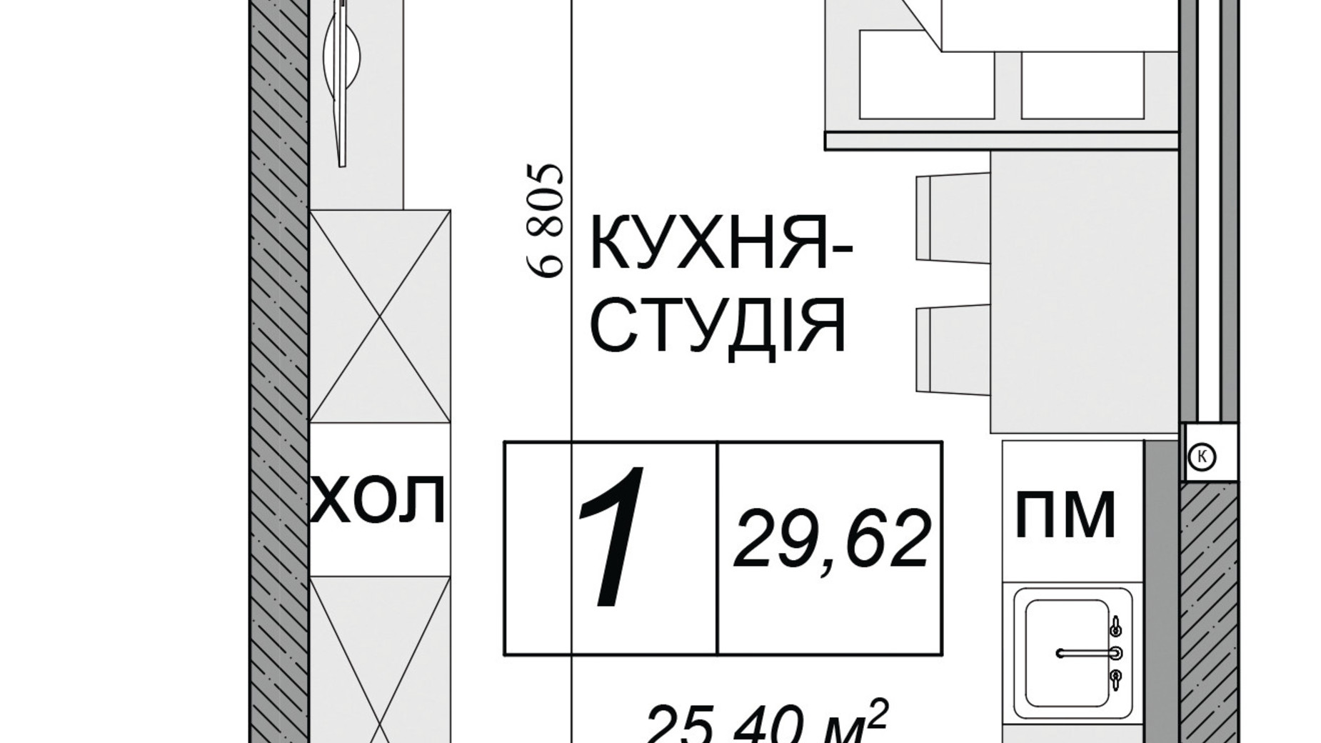 Планировка смарт квартиры в ЖК Якісне житло 29.62 м², фото 155976