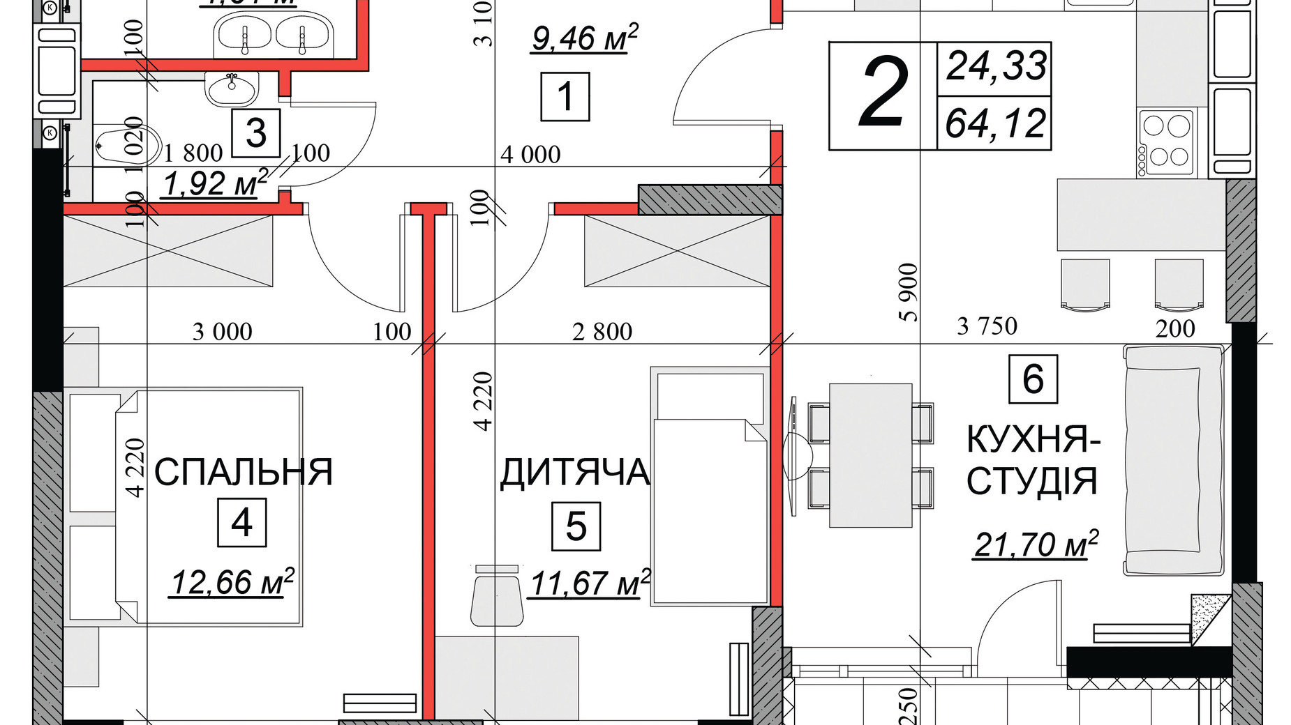 Планировка 2-комнатной квартиры в ЖК Якісне житло 64.12 м², фото 156006