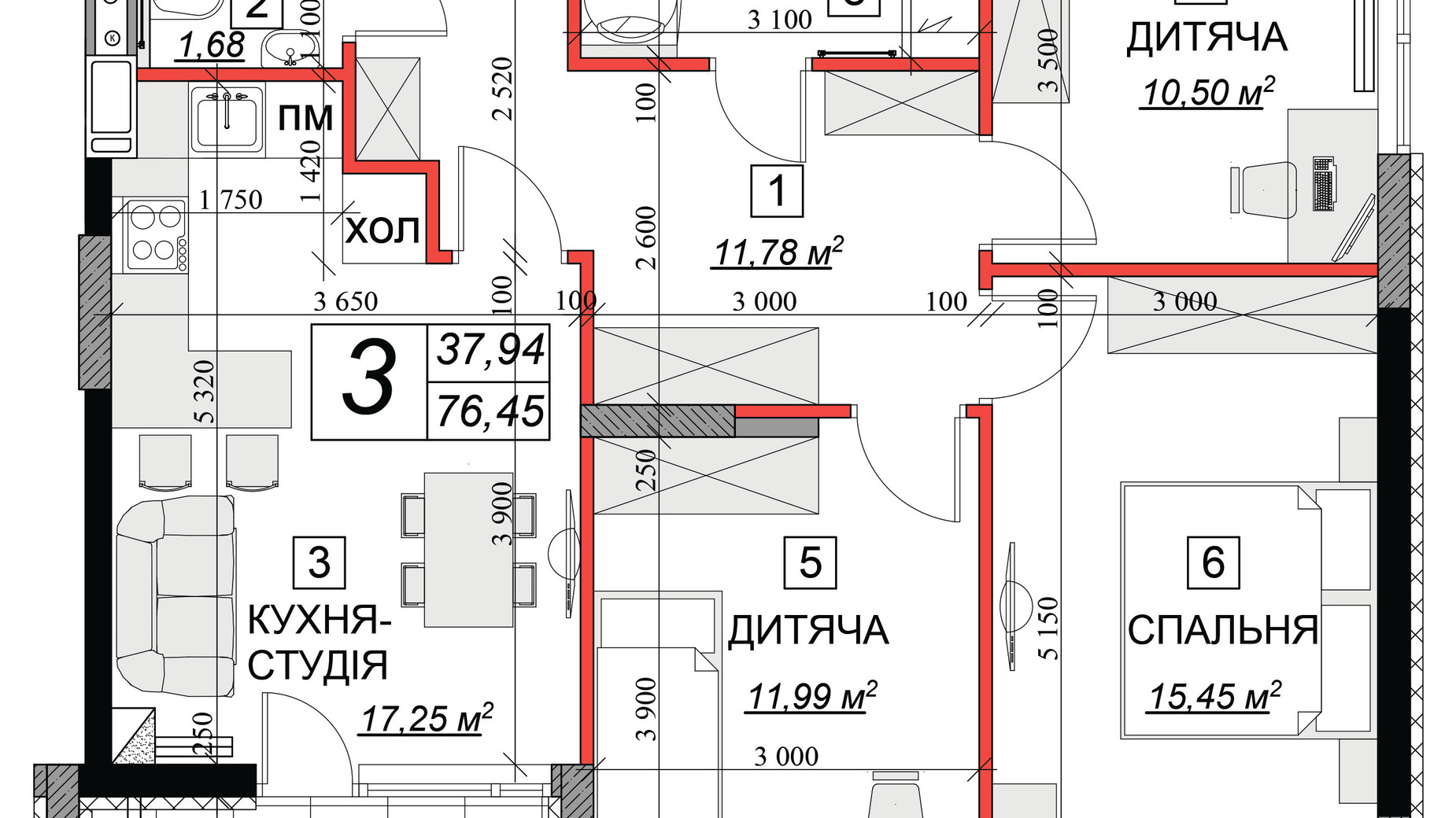 Планировка 3-комнатной квартиры в ЖК Якісне житло 76.45 м², фото 156010
