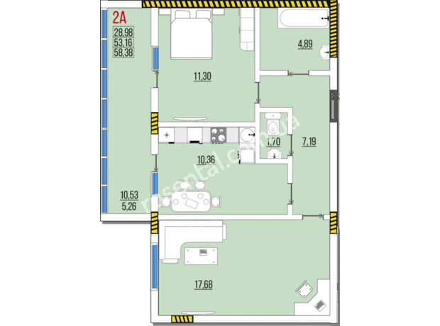 ЖК Розенталь: планировка 2-комнатной квартиры 58.98 м²