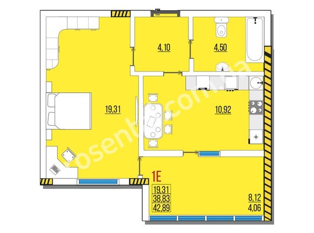 ЖК Розенталь: планировка 1-комнатной квартиры 42.89 м²