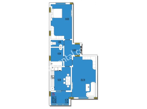 ЖК Розенталь: планування 2-кімнатної квартири 59.38 м²