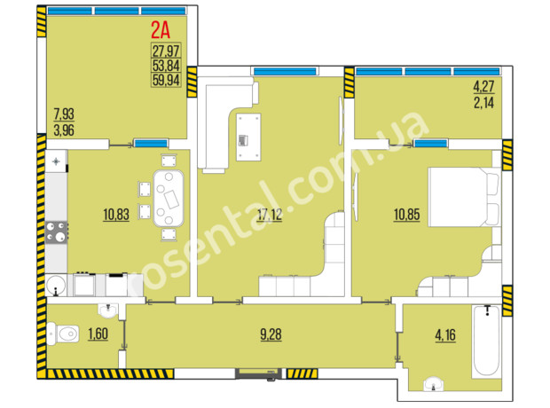 ЖК Розенталь: планування 2-кімнатної квартири 59.94 м²