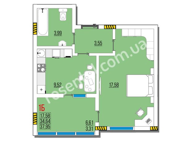 ЖК Розенталь: планировка 1-комнатной квартиры 38.36 м²