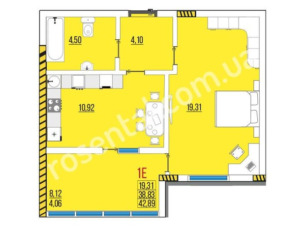 ЖК Розенталь: планування 1-кімнатної квартири 42.98 м²