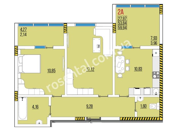 ЖК Розенталь: планировка 2-комнатной квартиры 60.53 м²