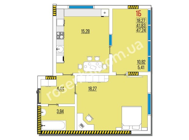 ЖК Розенталь: планування 1-кімнатної квартири 47.24 м²