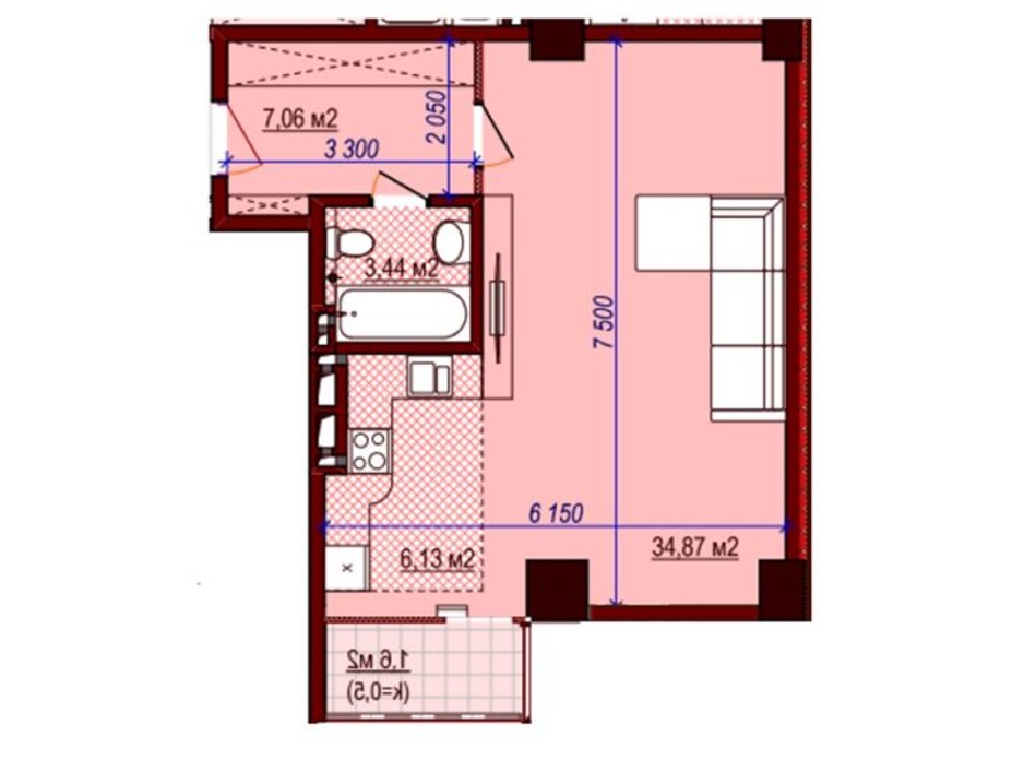 Планировка 1-комнатной квартиры в ЖК Баку 47 м², фото 156742 Планировка 1-комнатной квартиры в ЖК Баку 47 м², фото 156742