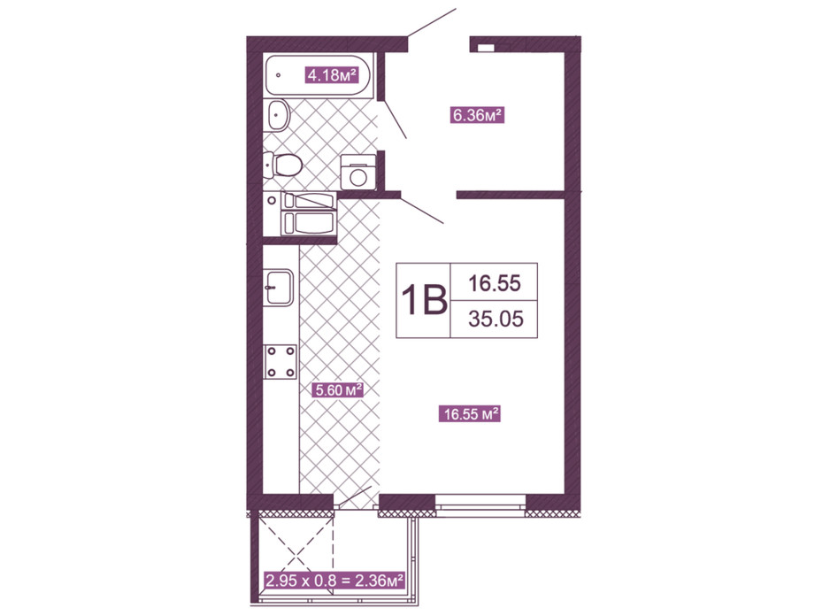 Планировка 1-комнатной квартиры в ЖК Голосеевский 35.05 м², фото 156743 Планировка 1-комнатной квартиры в ЖК Голосеевский 35.05 м², фото 156743