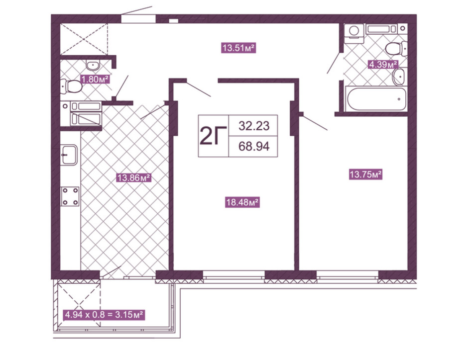 Планировка 2-комнатной квартиры в ЖК Голосеевский 68.94 м², фото 156745 Планировка 2-комнатной квартиры в ЖК Голосеевский 68.94 м², фото 156745