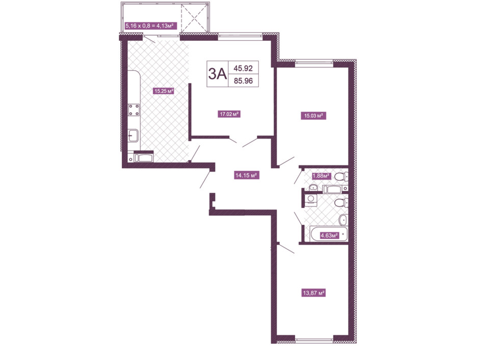 Планировка 3-комнатной квартиры в ЖК Голосеевский 85.96 м², фото 156748 Планировка 3-комнатной квартиры в ЖК Голосеевский 85.96 м², фото 156748