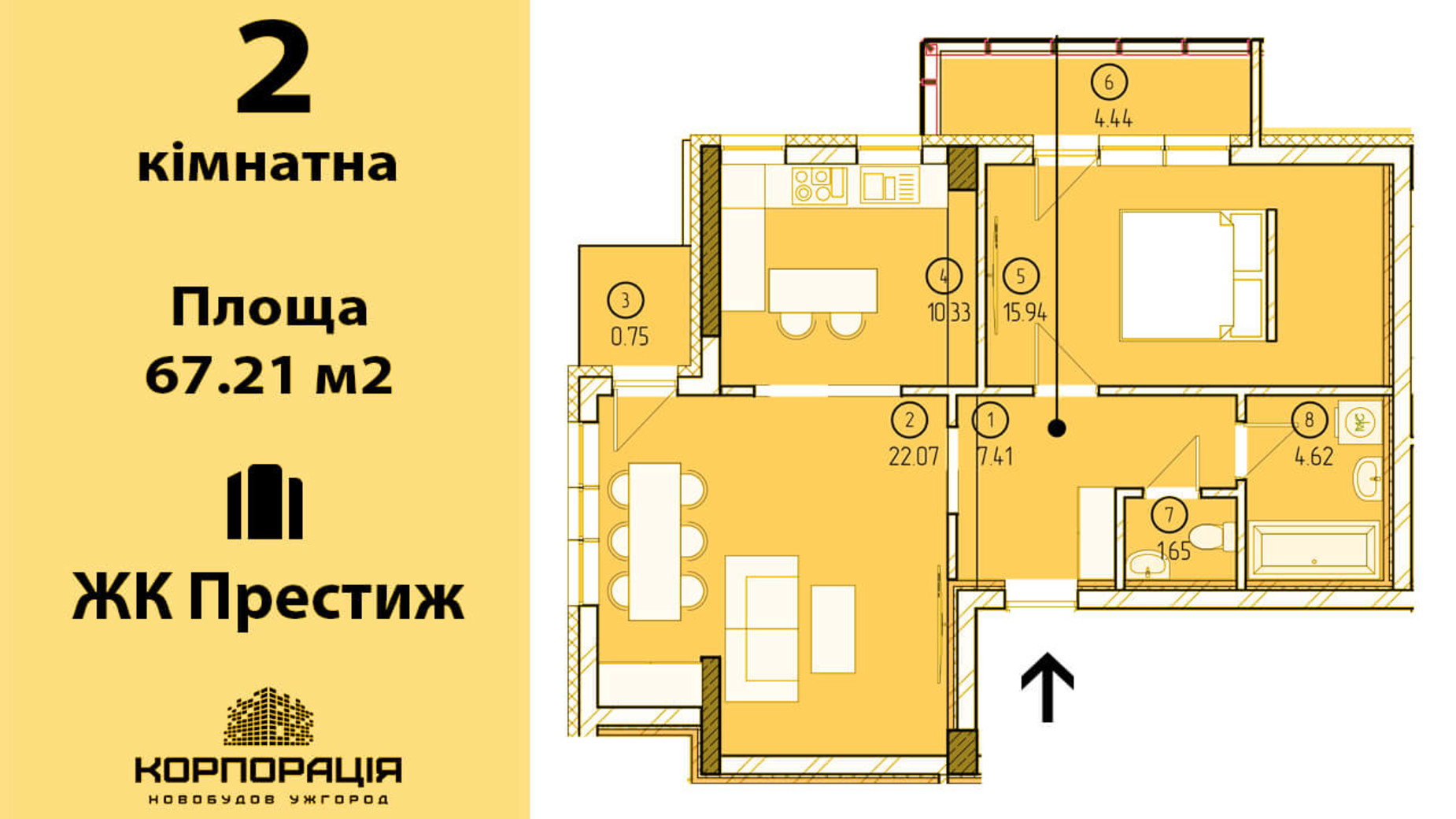 Планировка 2-комнатной квартиры в ЖК Престиж 67.21 м², фото 156799