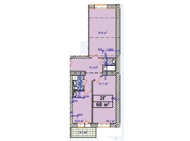 ЖК Авиатор: планировка 2-комнатной квартиры 68 м²