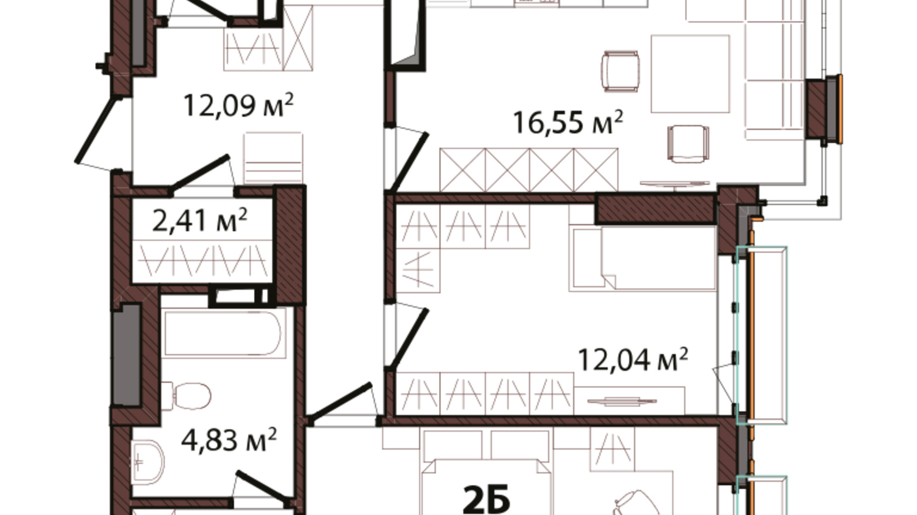 Планировка 2-комнатной квартиры в ЖК Edeldorf 74.75 м², фото 157044