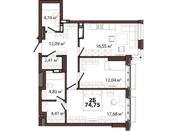 ЖК Edeldorf: планировка 2-комнатной квартиры 74.75 м²