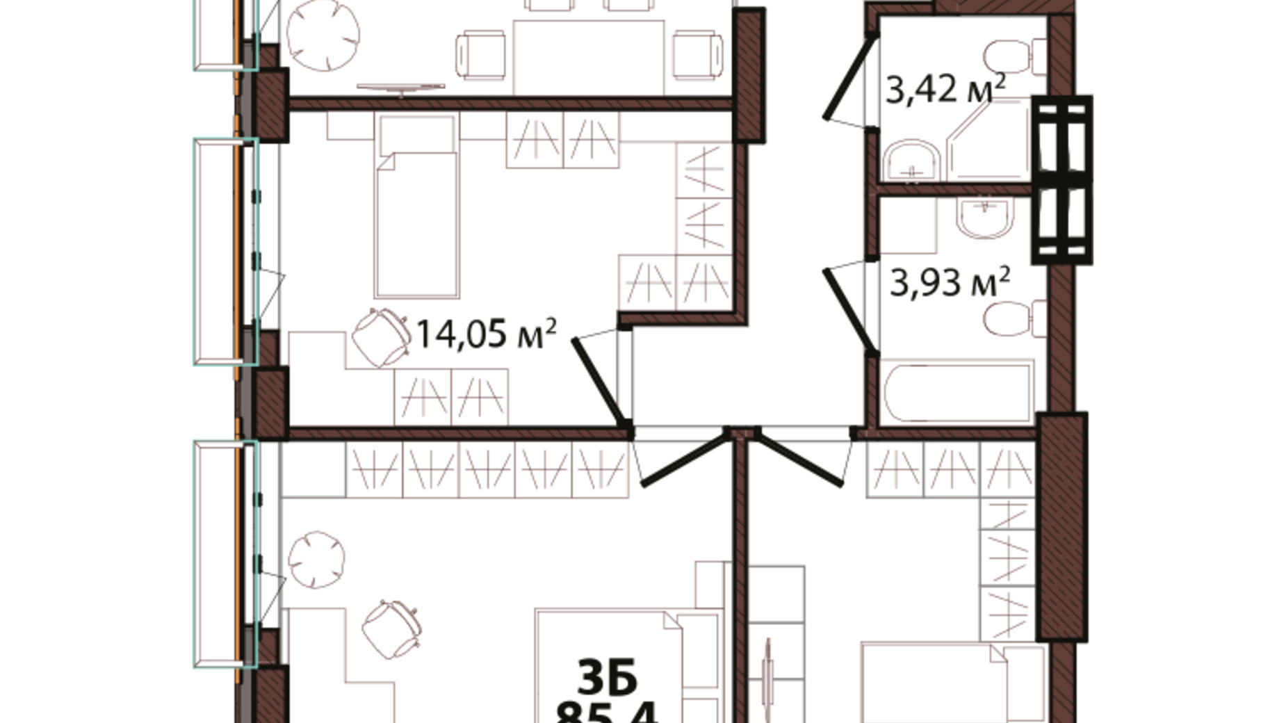 Планировка 3-комнатной квартиры в ЖК Edeldorf 85.4 м², фото 157045