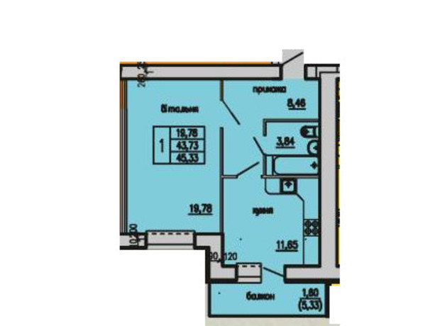 ЖК по ул. Головацкого: планировка 1-комнатной квартиры 45.5 м²
