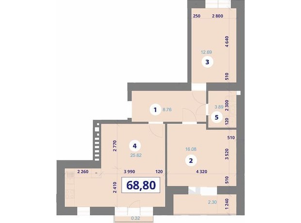 ЖК Квартал Галицький-2: планировка 2-комнатной квартиры 68.8 м²