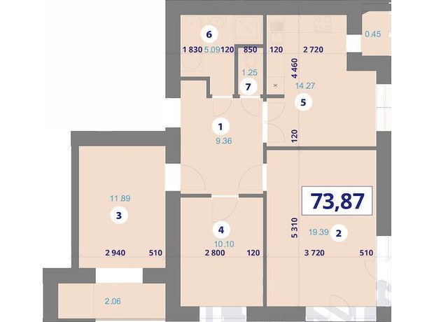 ЖК Квартал Галицький-2: планировка 3-комнатной квартиры 73.87 м²