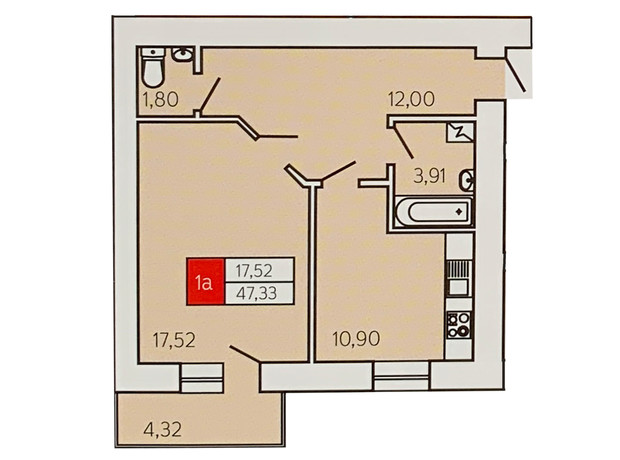 ЖК Андреевский: планировка 1-комнатной квартиры 47.33 м²