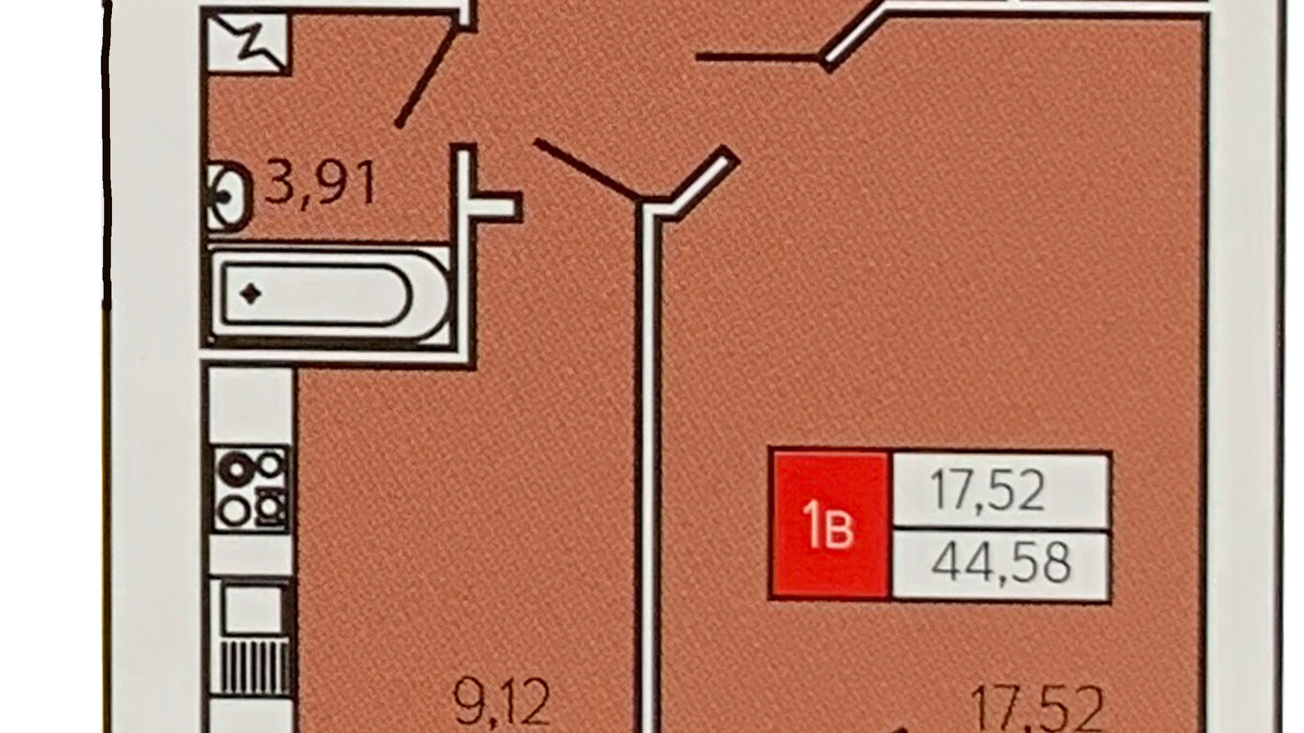 Планировка 1-комнатной квартиры в ЖК Андреевский 44.58 м², фото 157640