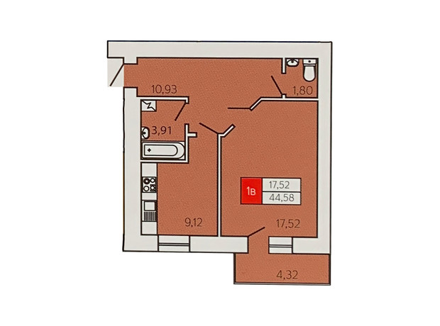 ЖК Андреевский: планировка 1-комнатной квартиры 44.58 м²