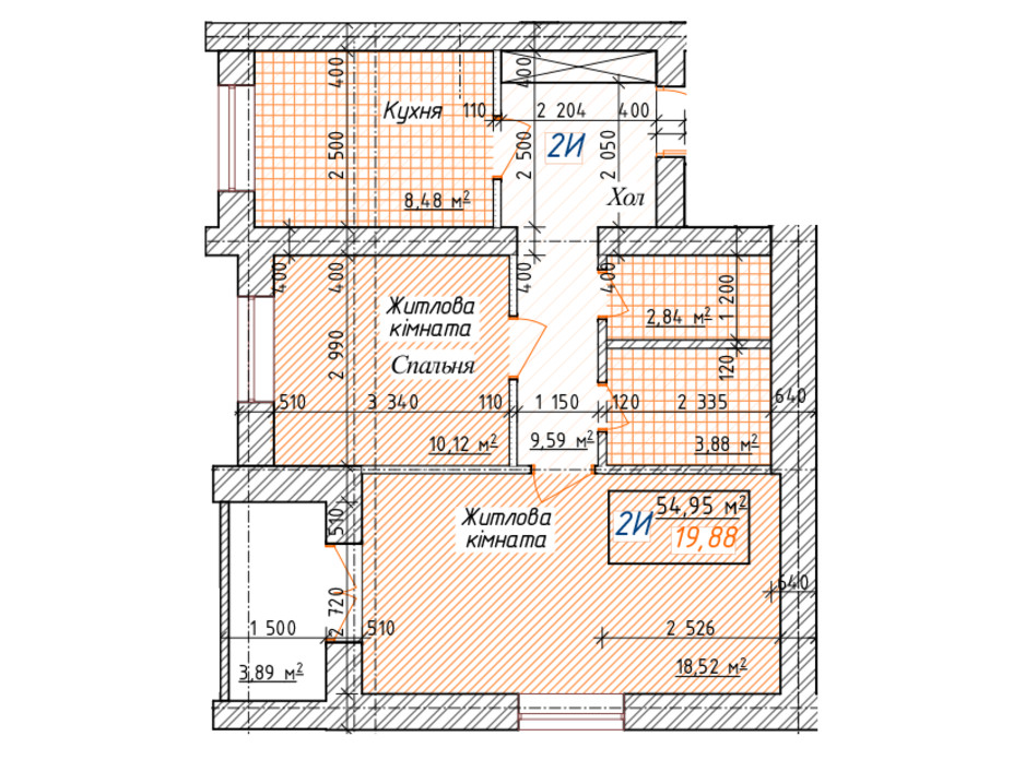 Планировка 2-комнатной квартиры в ЖК Озерки 54.95 м², фото 157934 Планировка 2-комнатной квартиры в ЖК Озерки 54.95 м², фото 157934