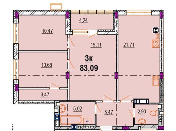 ЖК Родинний Маєток: планування 3-кімнатної квартири 83.09 м²