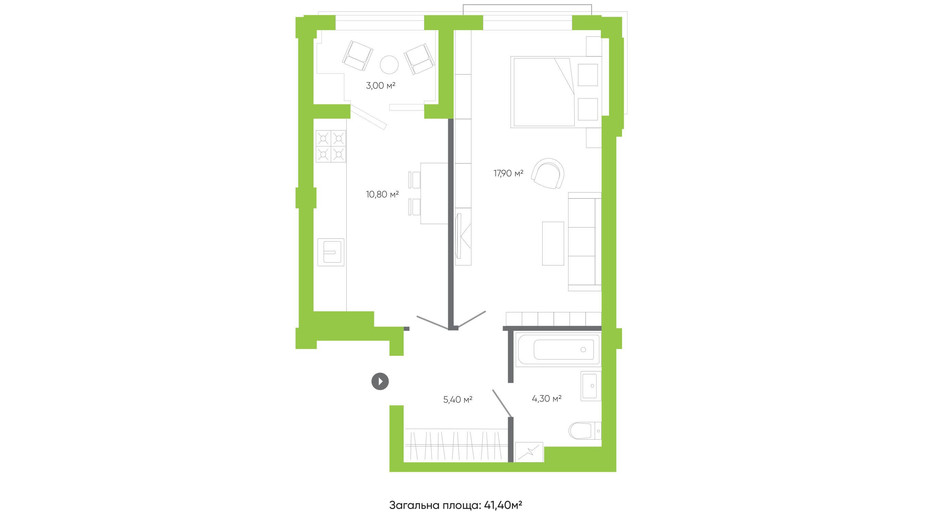 Планировка 1-комнатной квартиры в ЖК Оселя парк 41.4 м², фото 158234
