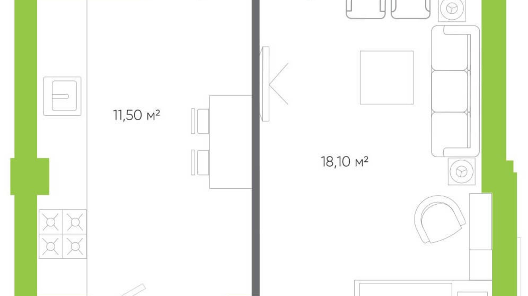 Планування 1-кімнатної квартири в ЖК Оселя парк 43.3 м², фото 158235