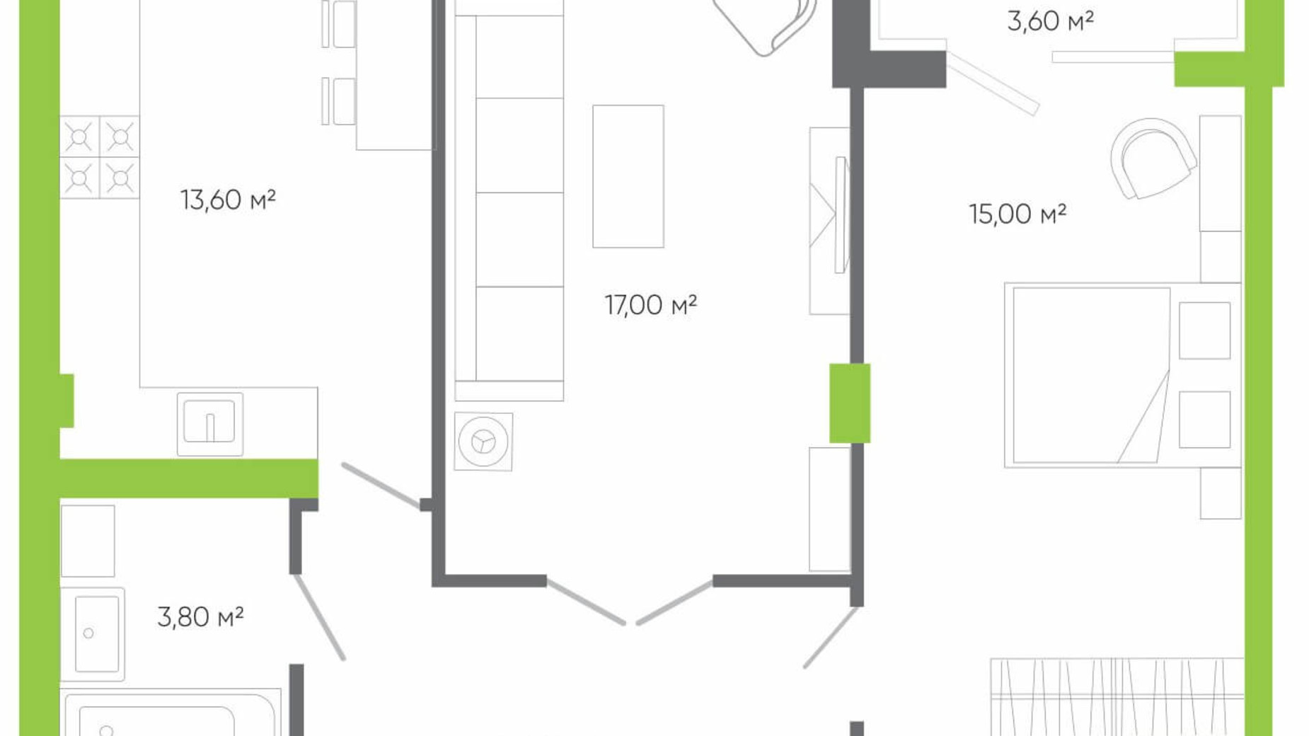 Планування 2-кімнатної квартири в ЖК Оселя парк 74.9 м², фото 158241