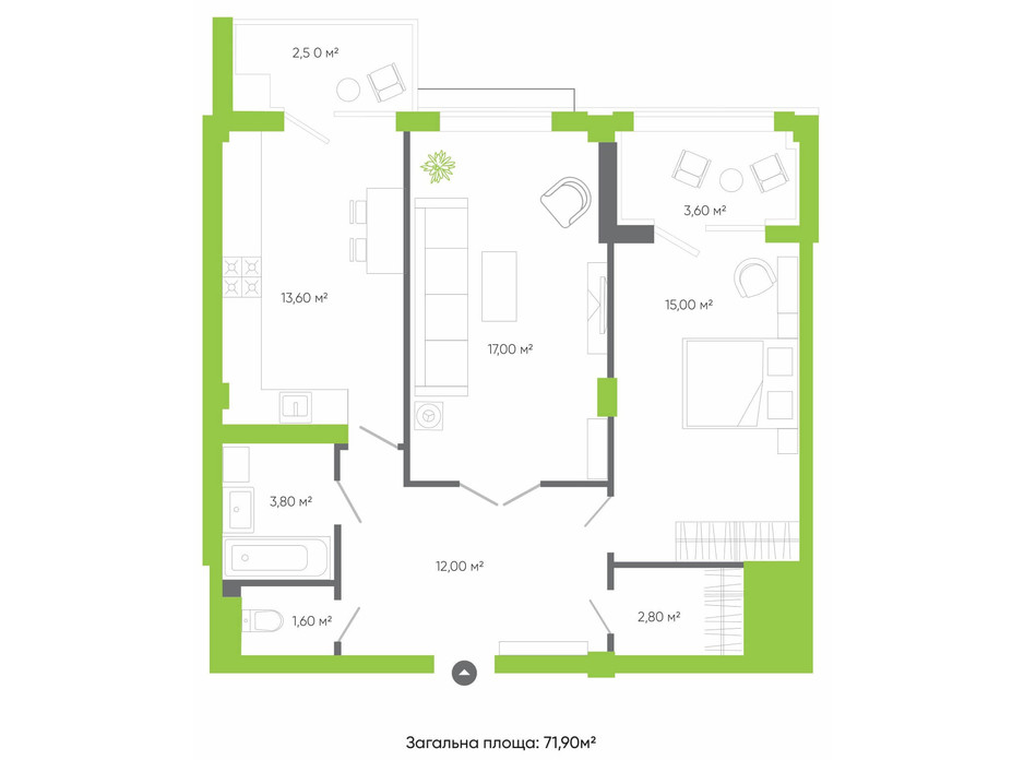 Планировка 2-комнатной квартиры в ЖК Оселя парк 71.9 м², фото 158241 Планировка 2-комнатной квартиры в ЖК Оселя парк 71.9 м², фото 158241